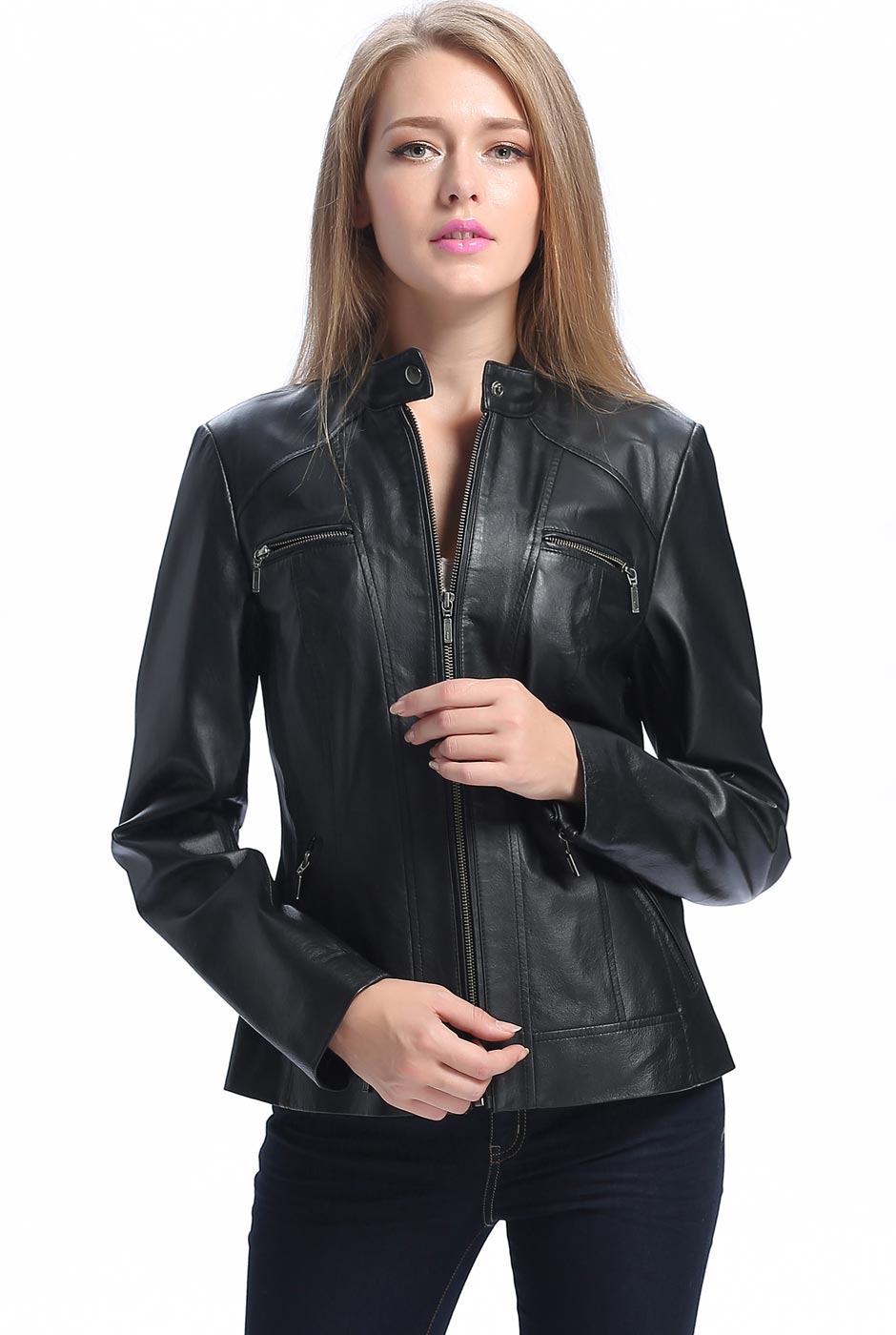 BGSD Women Mila Zip Front Lambskin Leather Jacket – Luxury Lane