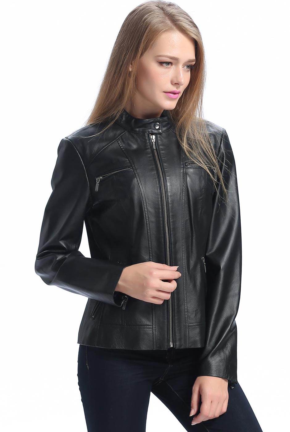 BGSD Women Mila Zip Front Lambskin Leather Jacket – Luxury Lane