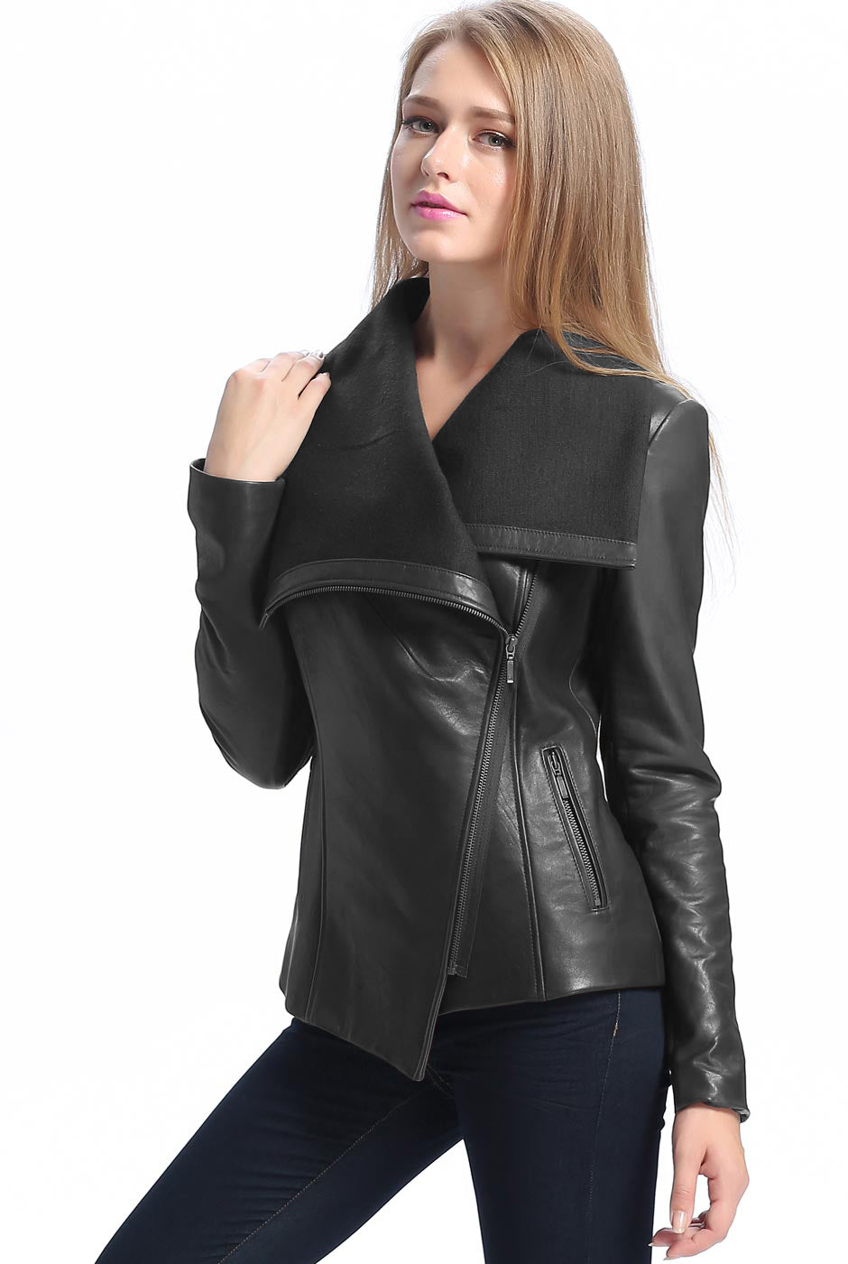 BGSD Women Lily Lambskin Leather Drape Jacket – Luxury Lane