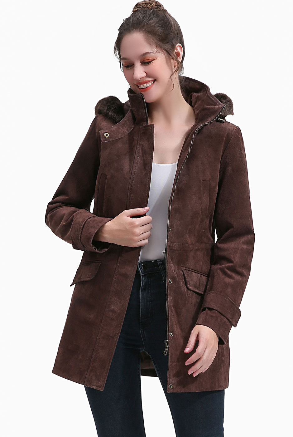 BGSD Women Della Hooded Suede Leather Parka Coat – Luxury Lane