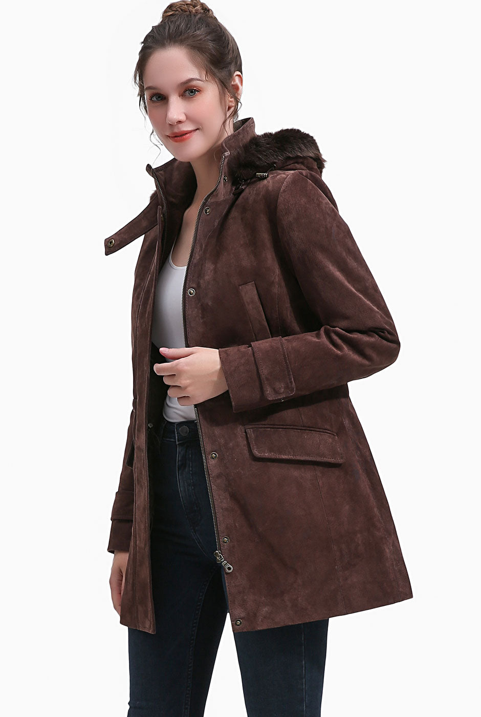 BGSD Women Della Hooded Suede Leather Parka Coat