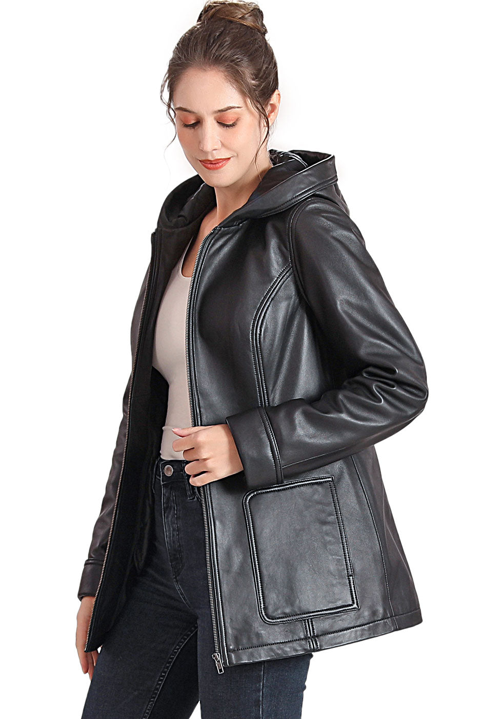 BGSD Women Cara Hooded Lambskin Leather Coat