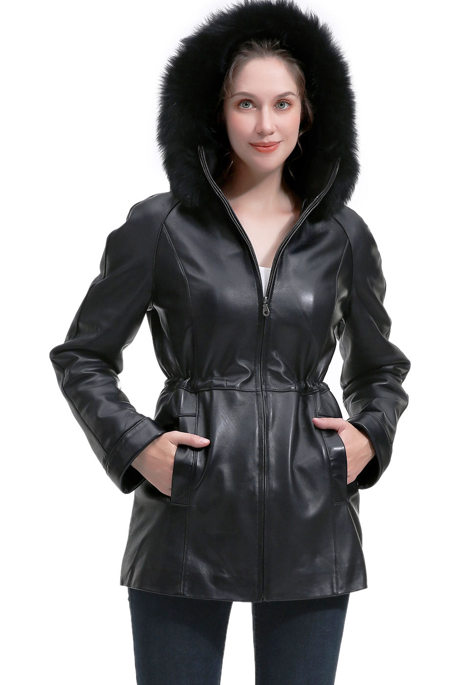 BGSD Women Uzima Lambskin Leather Hooded Parka Coat
