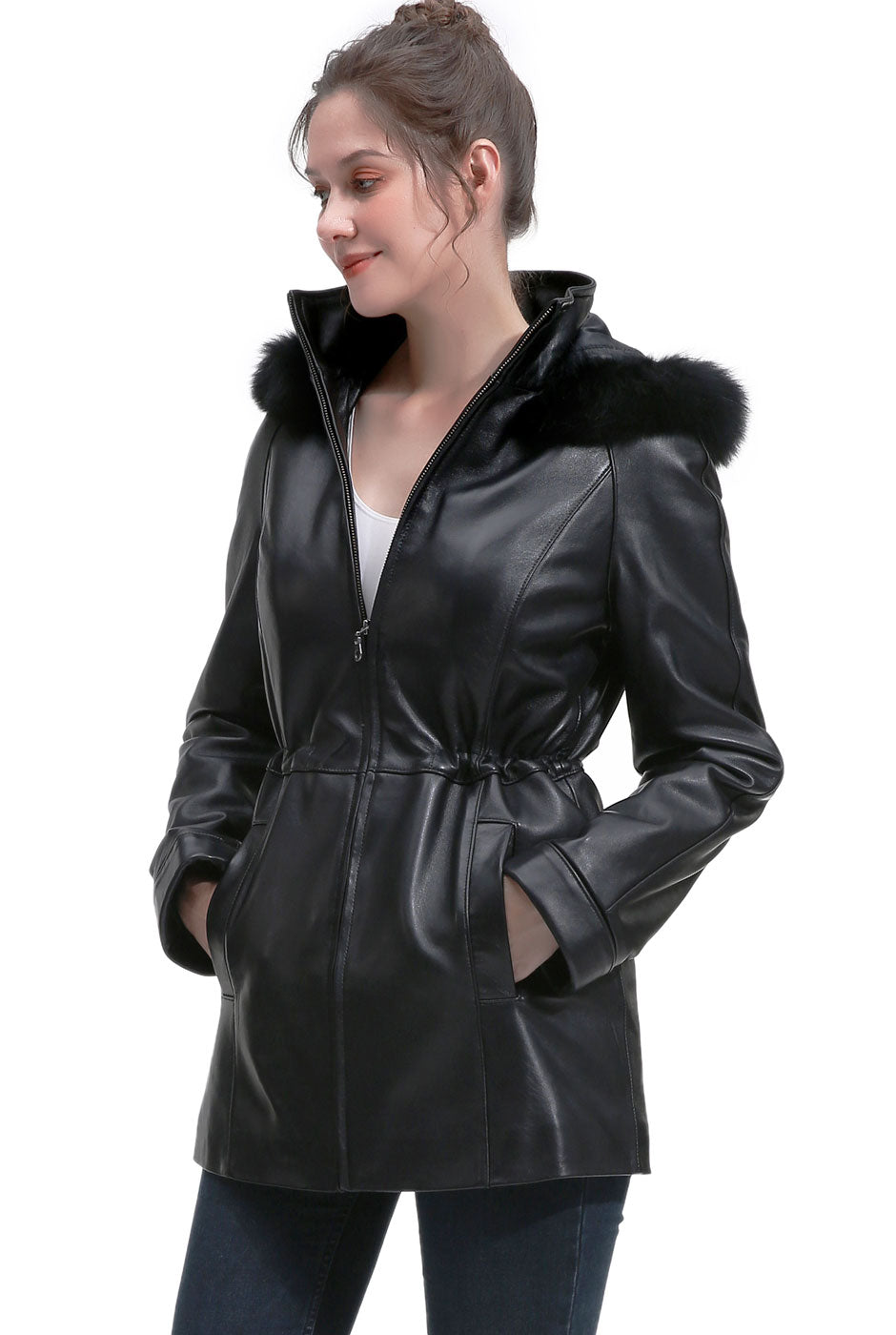 BGSD Women Uzima Lambskin Leather Hooded Parka Coat