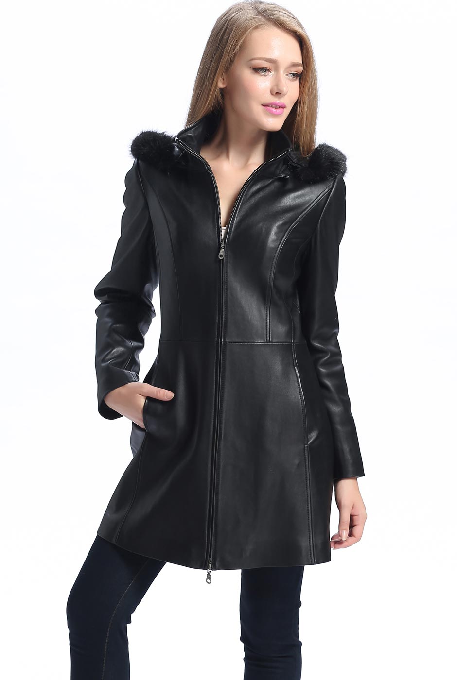 BGSD Women Irene Hooded Lambskin Leather Coat