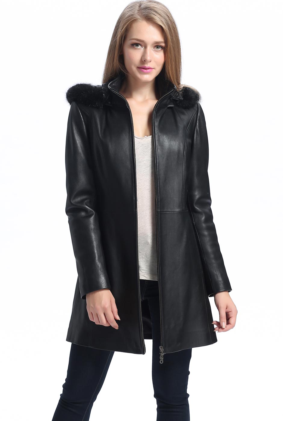 BGSD Women Irene Hooded Lambskin Leather Coat