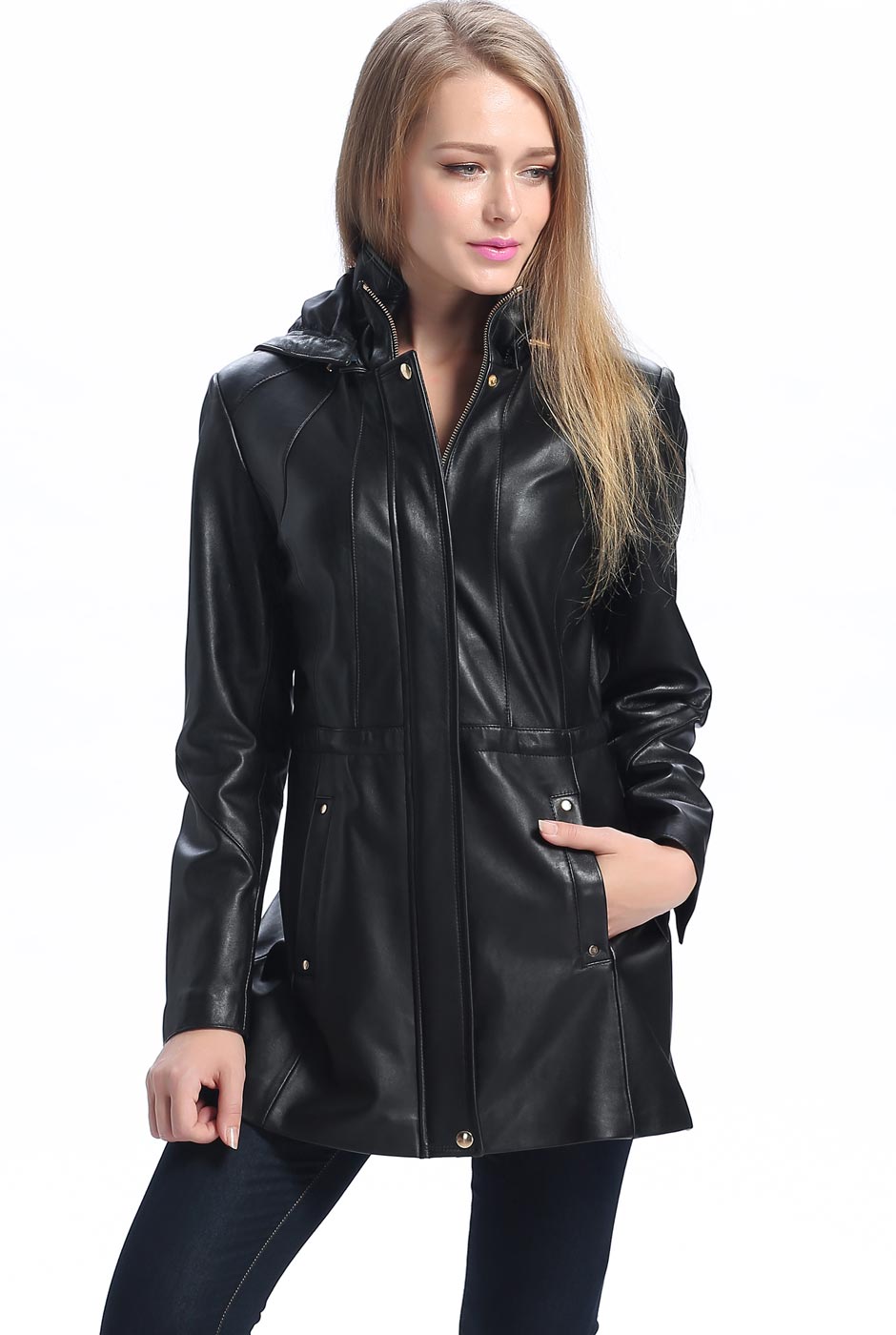 BGSD Women Natalie Hooded Lambskin Leather Coat