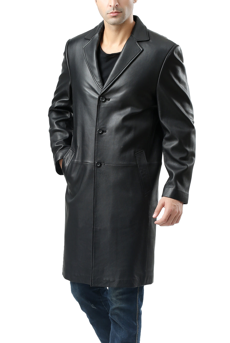 BGSD Monogram Collection Men Classic Lambskin Leather Long Walking Coat
