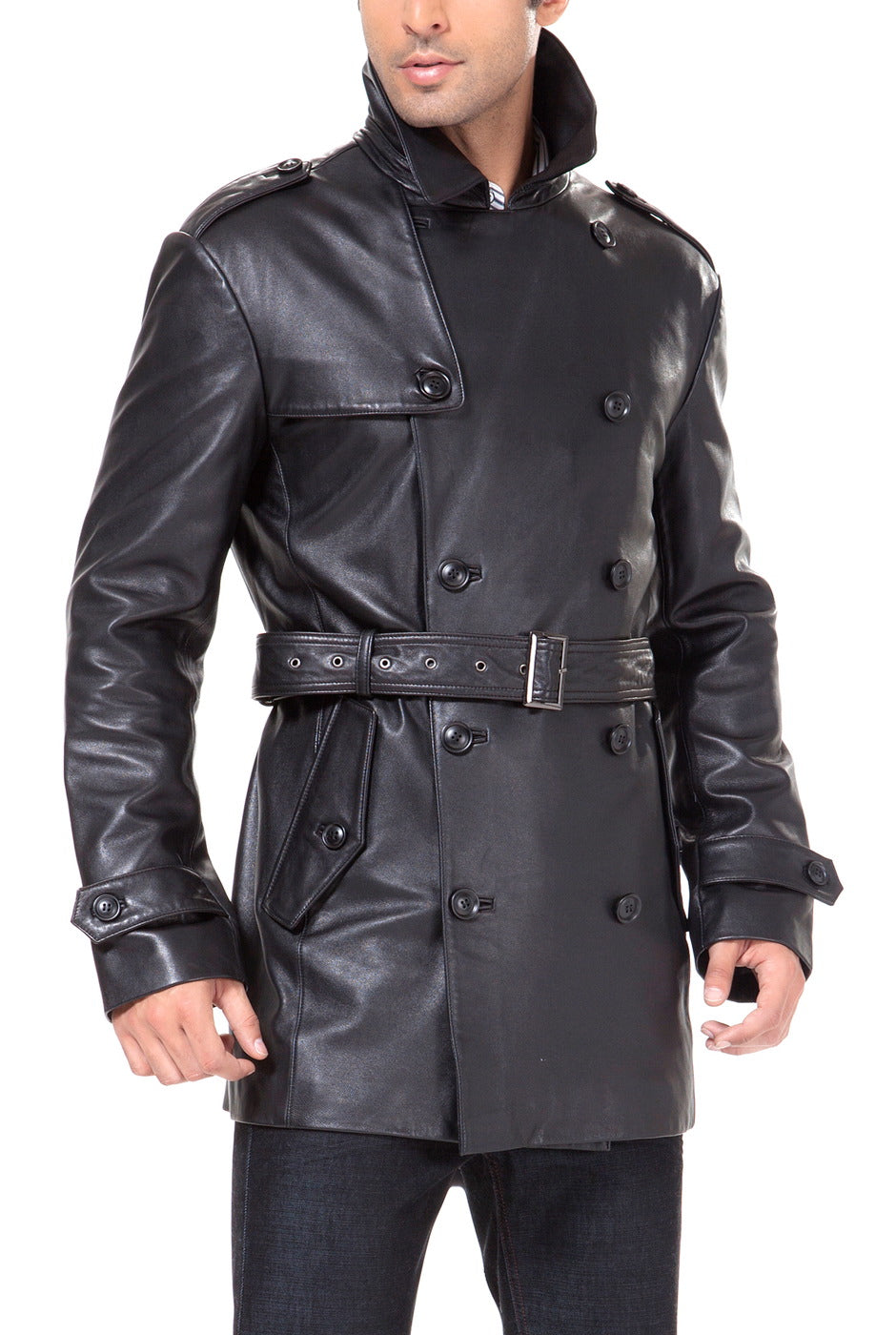 BGSD Men Damian New Zealand Lambskin Leather Belted Trench Coat