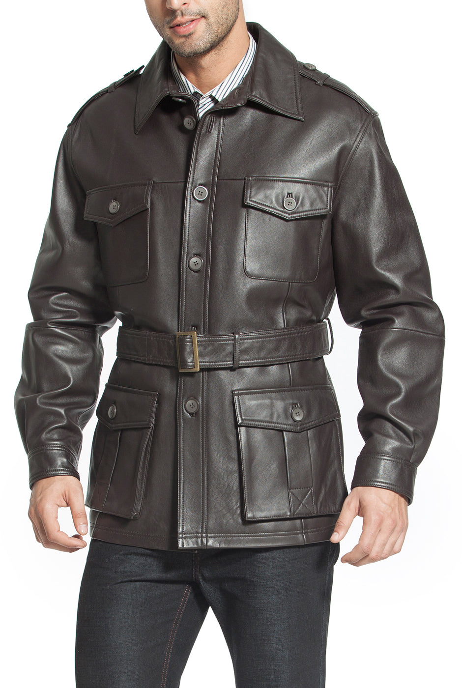 BGSD Men Charles Military Style Lambskin Leather Trench Coat