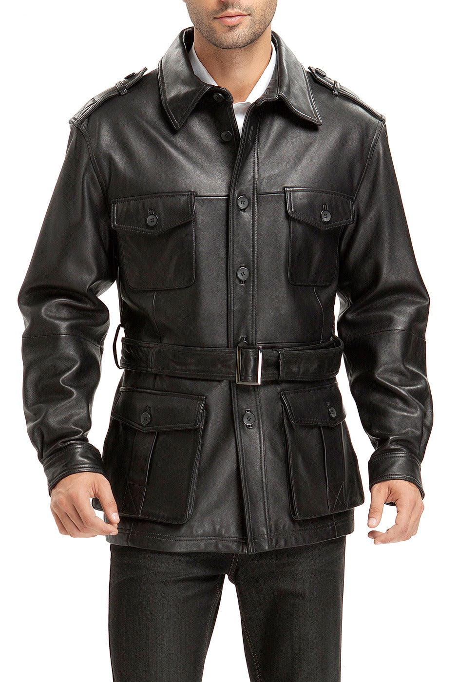 BGSD Men Charles Military Style Lambskin Leather Trench Coat