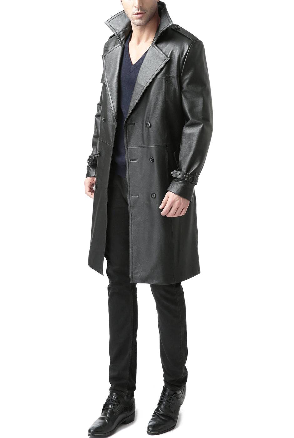 BGSD Monogram Collection Men Classic Leather Long Trench Coat