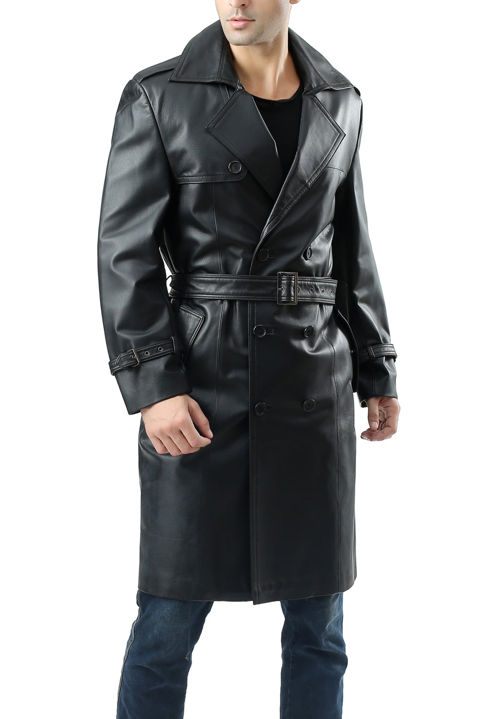BGSD Monogram Collection Men Classic Leather Long Trench Coat