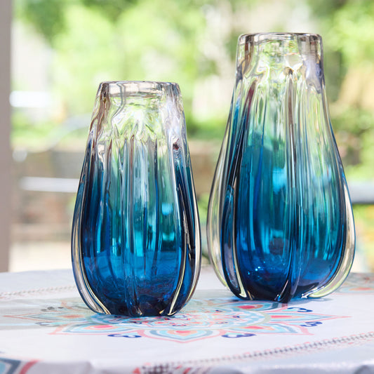 Hand Blown Laine Art Glass Vase - Blue Ombre 10-12.5 inch tall
