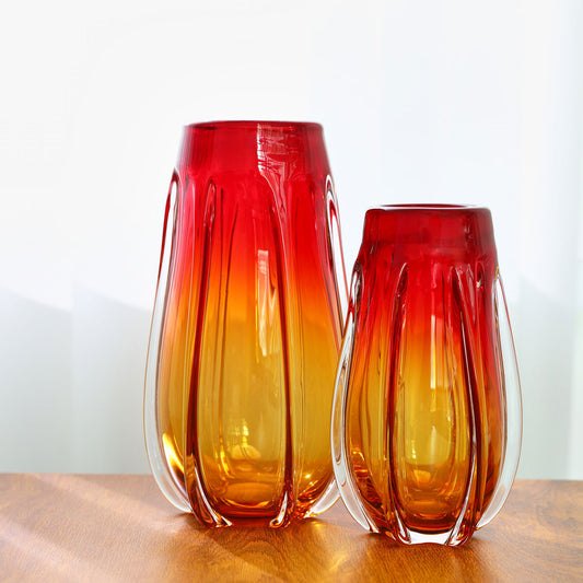 Hand Blown Laine Art Glass Vase - Gold & Red Ombre 10-12.5 inch tall