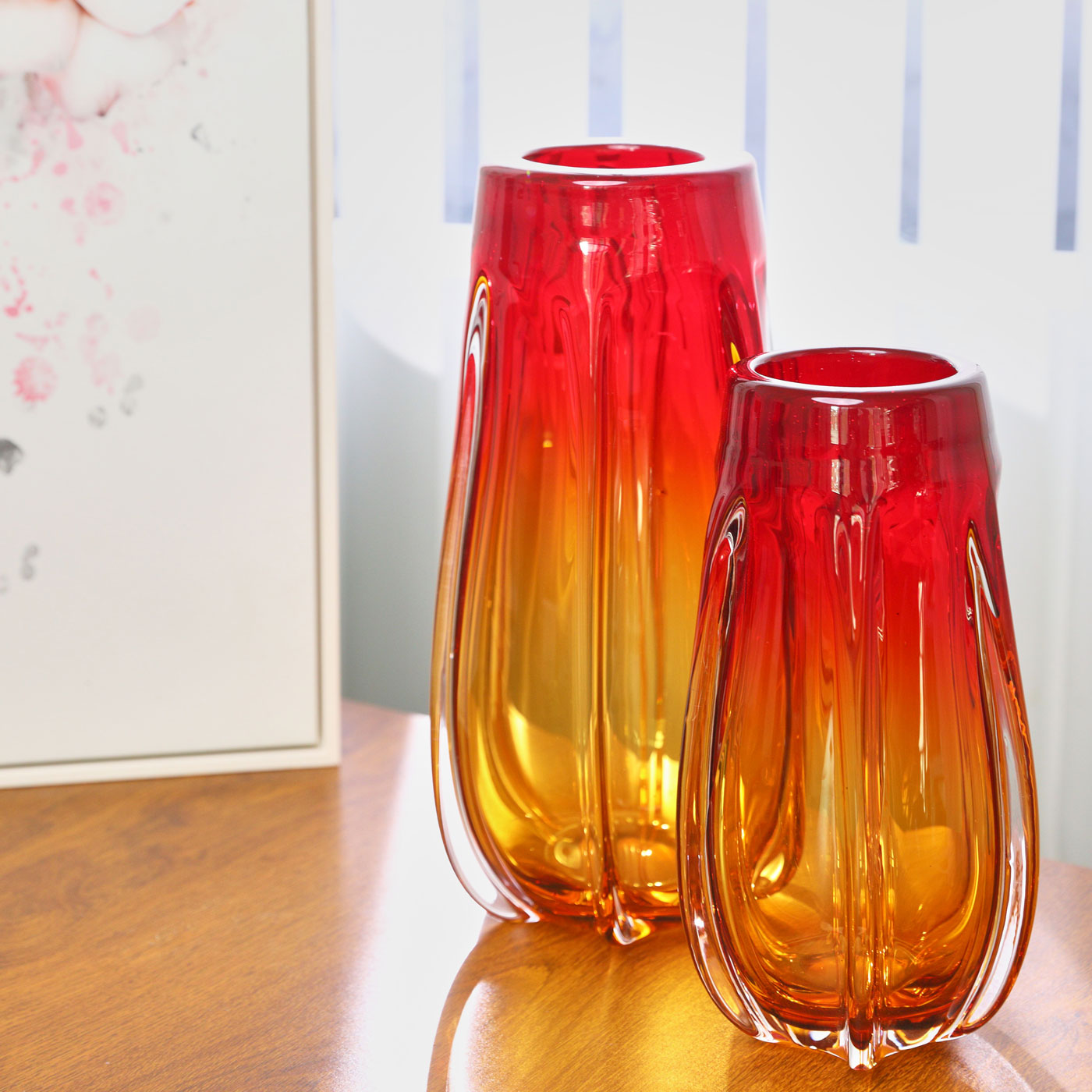 Luxury Lane 花瓶 吹きガラス グラスアート Hand Blown Laine Art Glass Vase - Gold & Red Ombre 10-12.5 inch