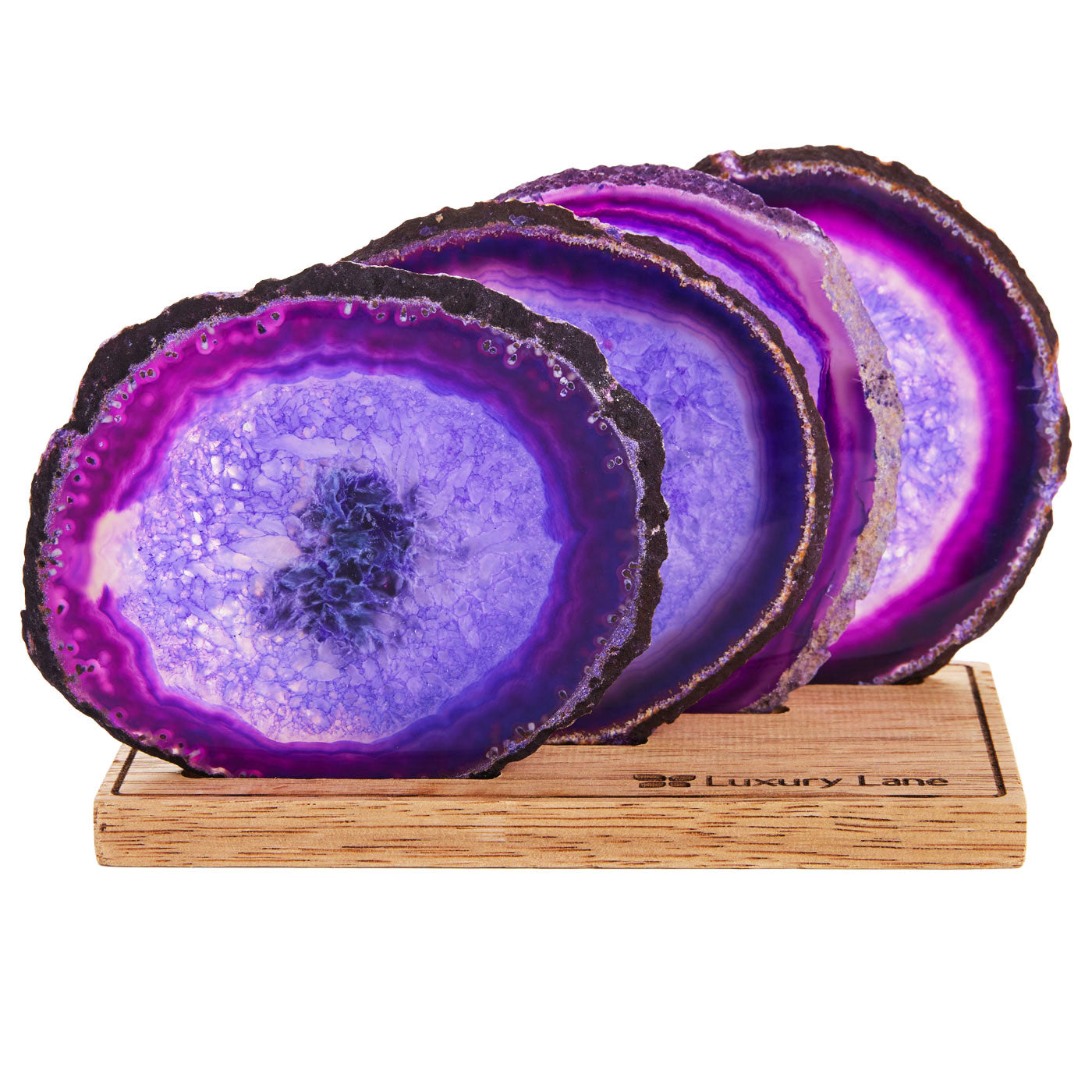 Set of 4 Natural Brazilian Agate Drink Coasters with Wood Holder - Amethyst