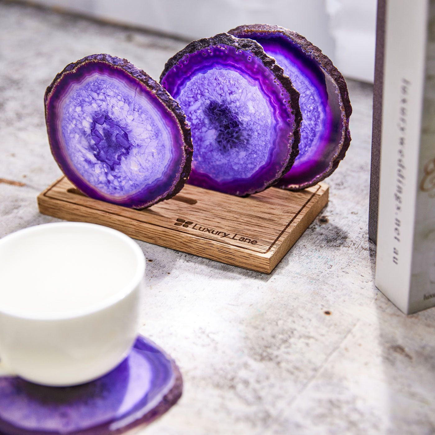 Set of 4 Natural Brazilian Agate Drink Coasters with Wood Holder - Amethyst