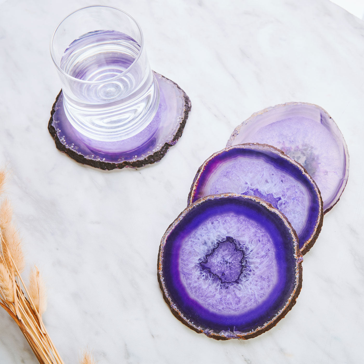 Set of 4 Natural Brazilian Agate Drink Coasters with Wood Holder