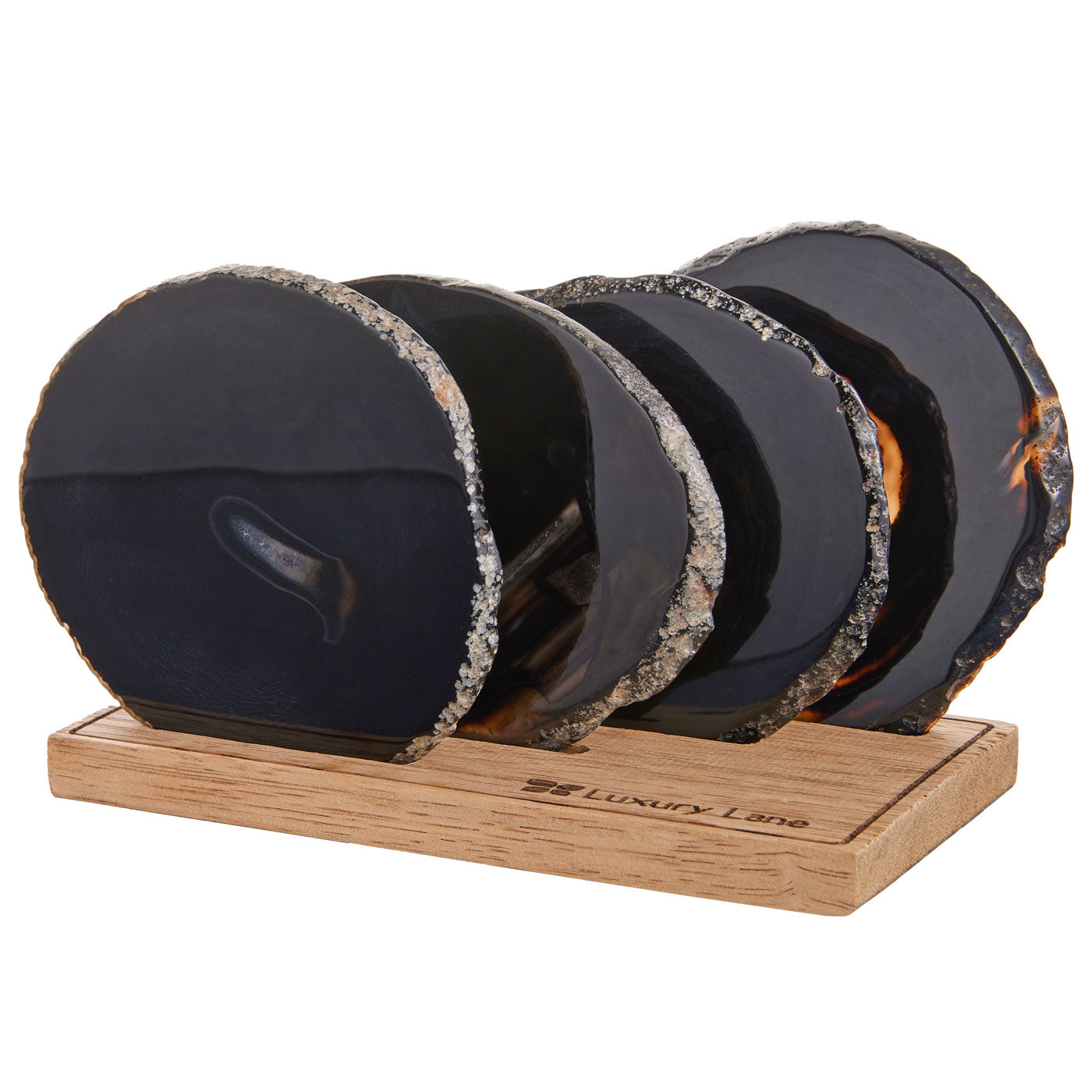 Set of 4 Natural Brazilian Agate Drink Coasters with Wood Holder - Black