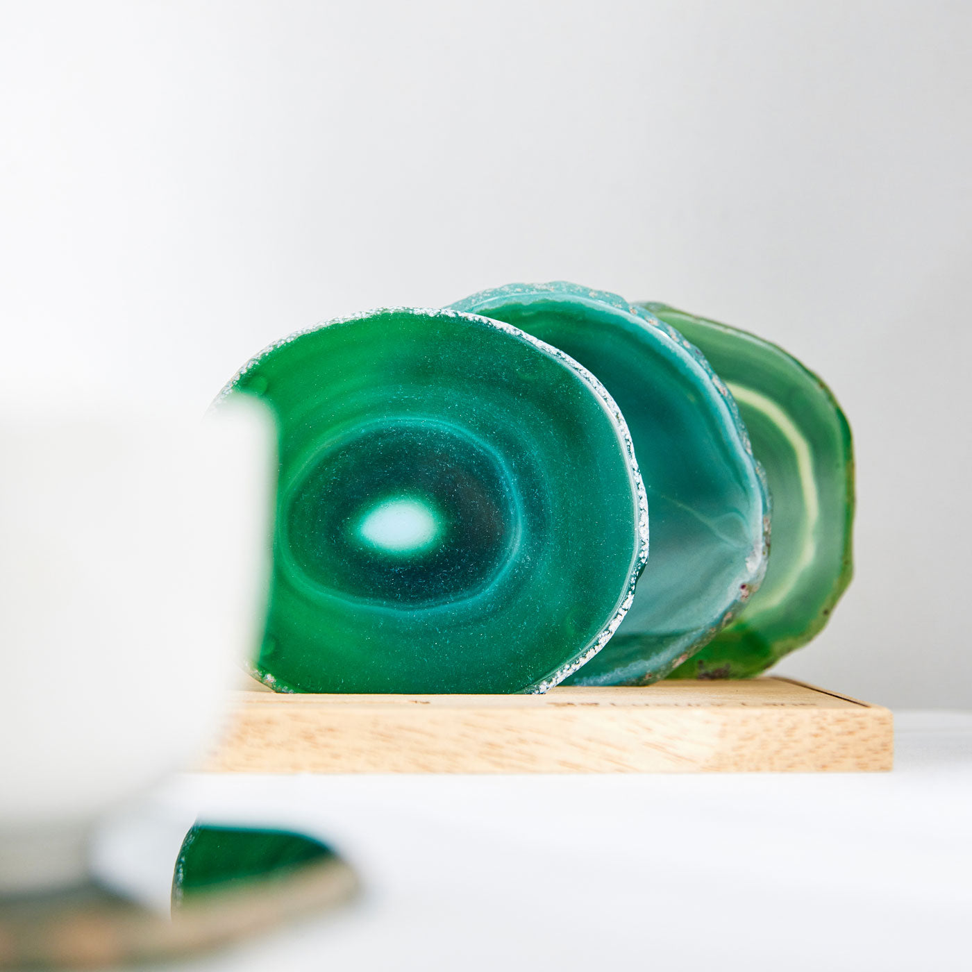 Set of 4 Natural Brazilian Agate Drink Coasters with Wood Holder - Emerald