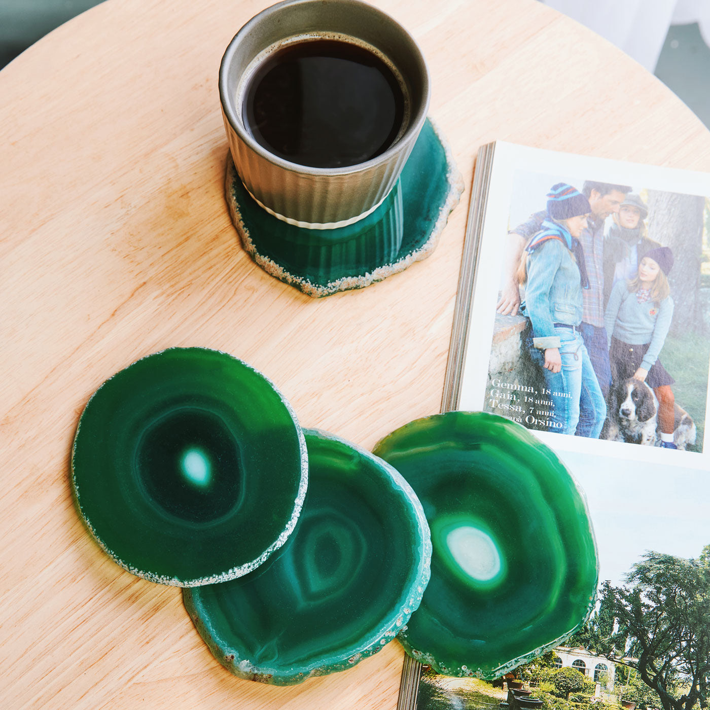 Set of 4 Natural Brazilian Agate Drink Coasters with Wood Holder - Emerald