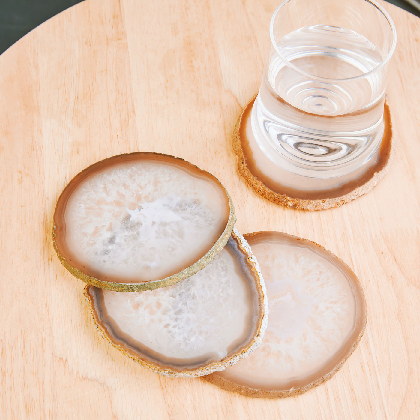 Set of 4 Natural Brazilian Agate Drink Coasters with Wood Holder - Natural