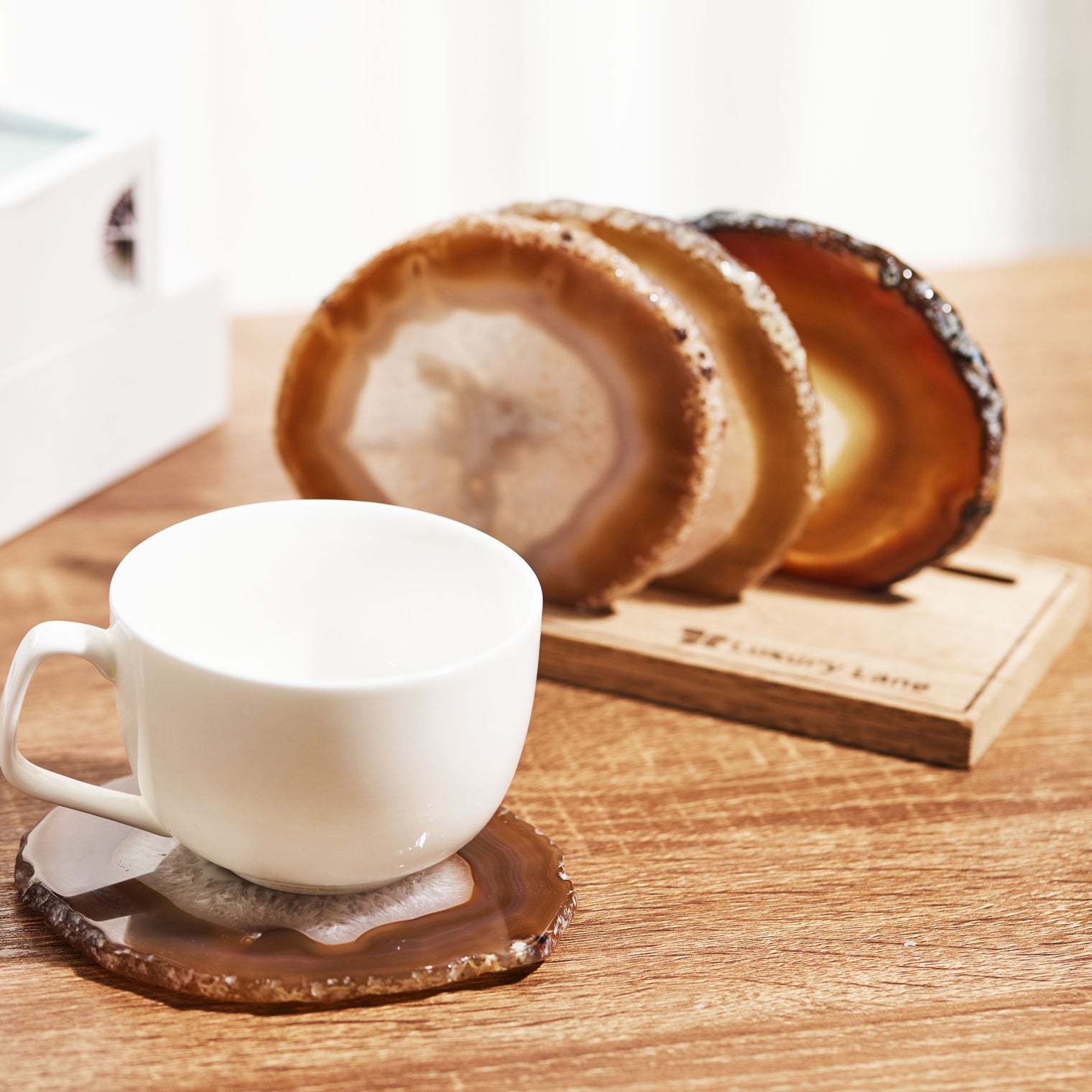 Set of 4 Natural Brazilian Agate Drink Coasters with Wood Holder - Oak