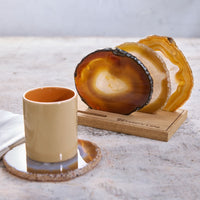 Set of 4 Natural Brazilian Agate Drink Coasters with Wood Holder - Oak