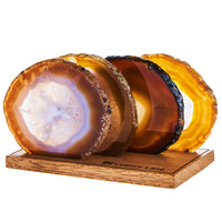 Set of 4 Natural Brazilian Agate Drink Coasters with Wood Holder - Oak
