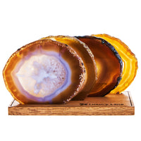 Set of 4 Natural Brazilian Agate Drink Coasters with Wood Holder - Oak
