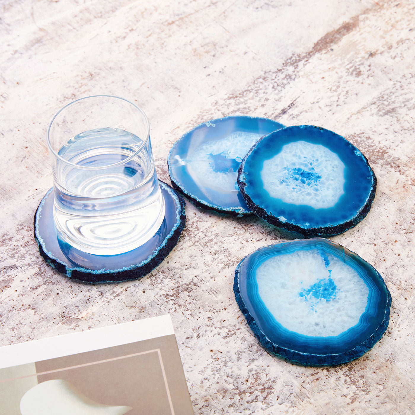 Set of 4 Natural Brazilian Agate Drink Coasters with Wood Holder - Ocean