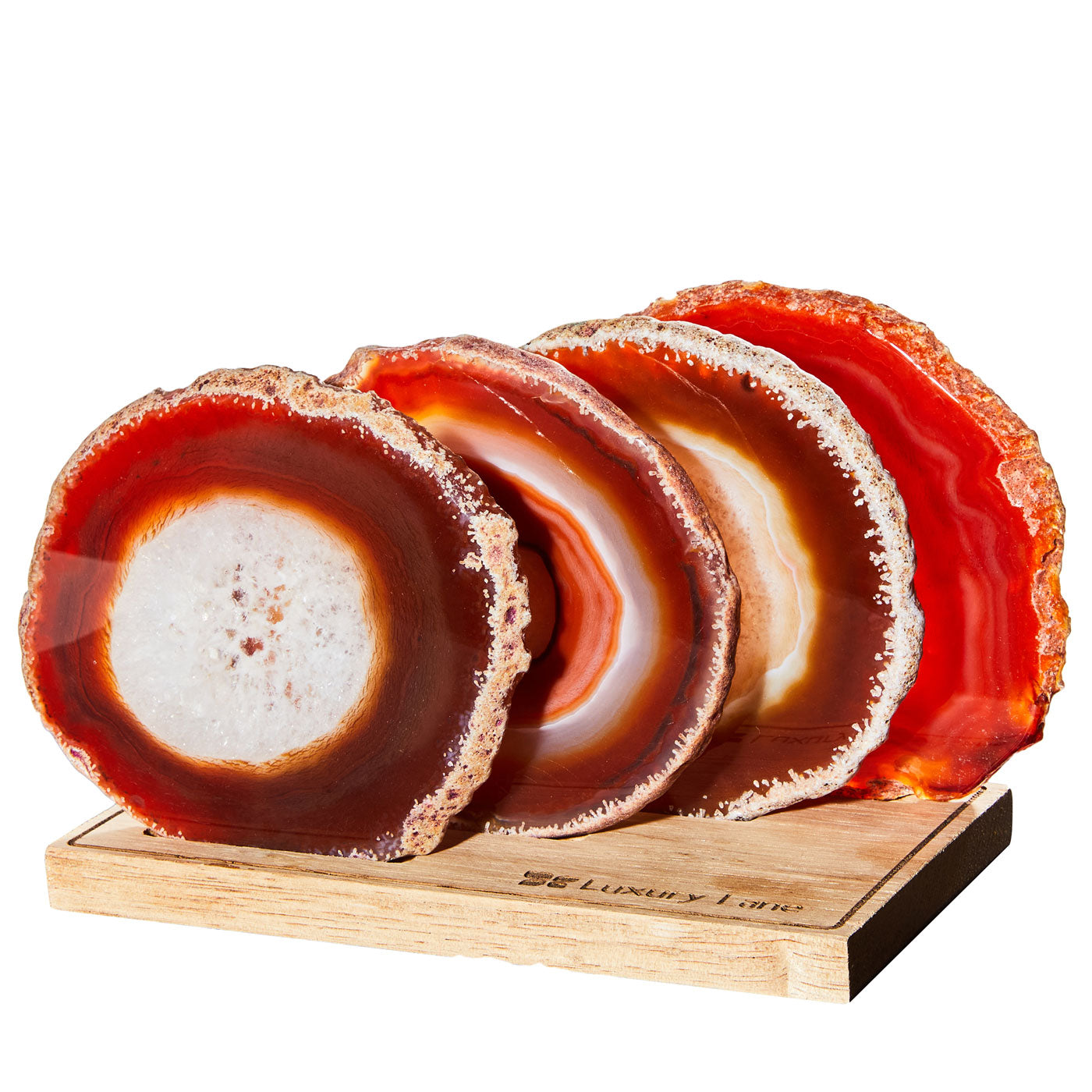 Set of 4 Natural Brazilian Agate Drink Coasters with Wood Holder - Red Amber