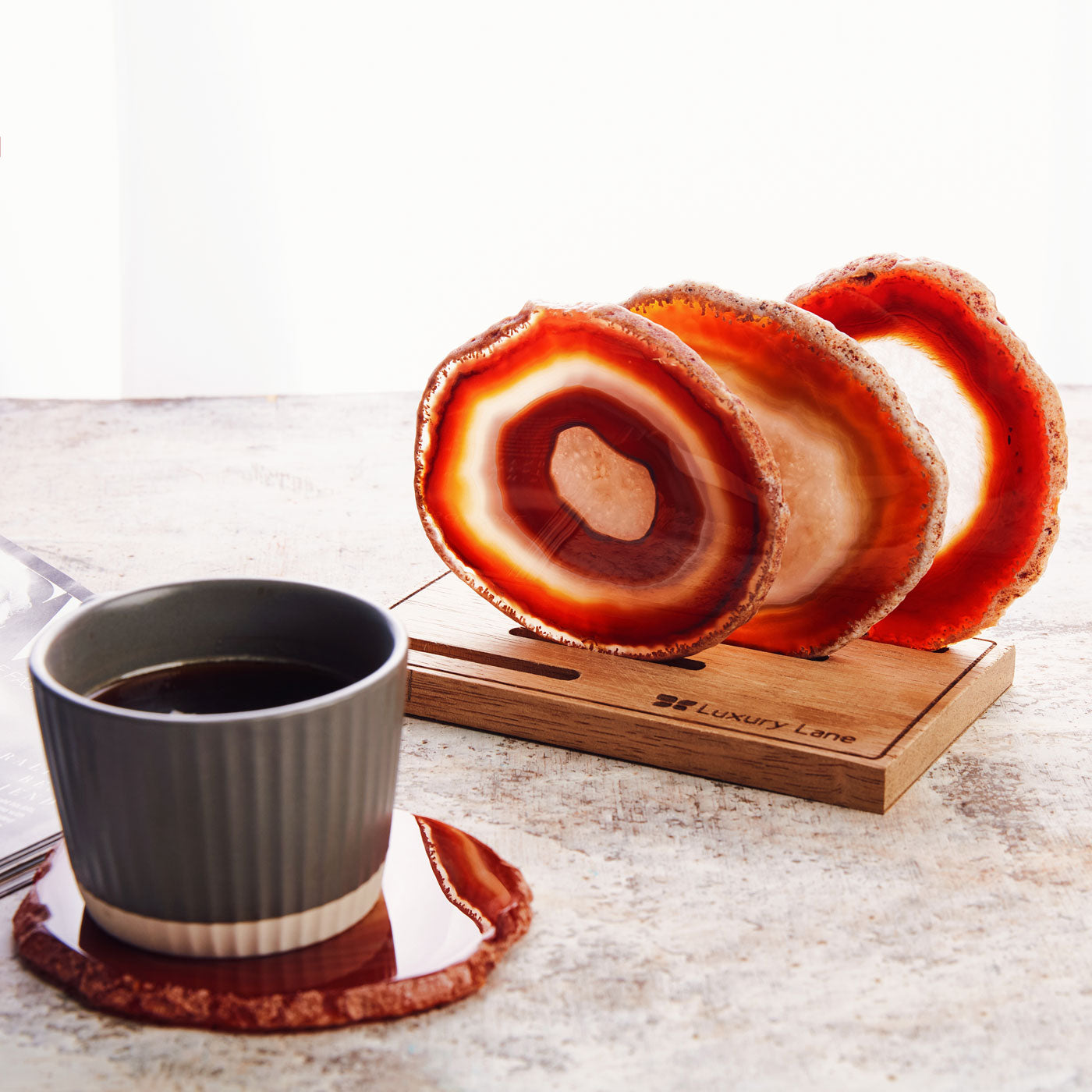 Set of 4 Natural Brazilian Agate Drink Coasters with Wood Holder Red Luxury Lane