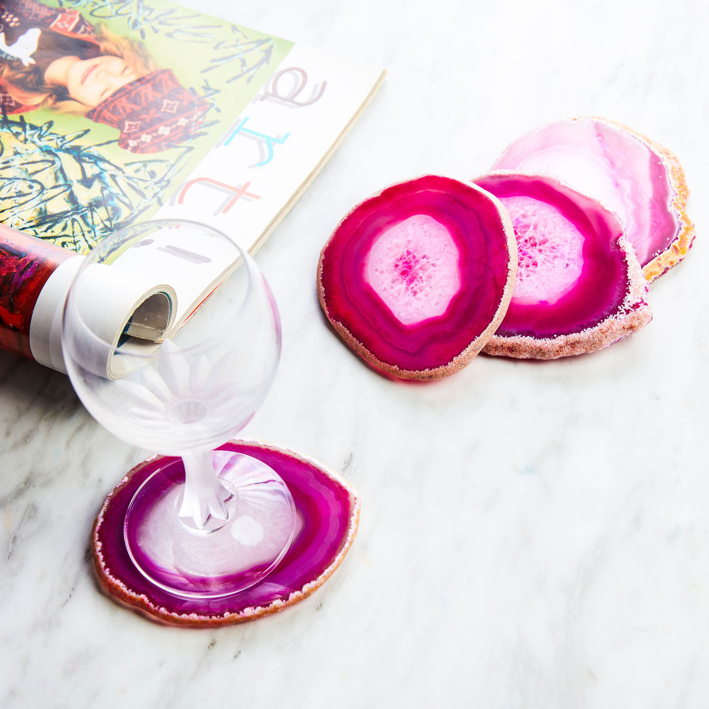 Set of 4 Natural Brazilian Agate Drink Coasters with Wood Holder - Rose Pink