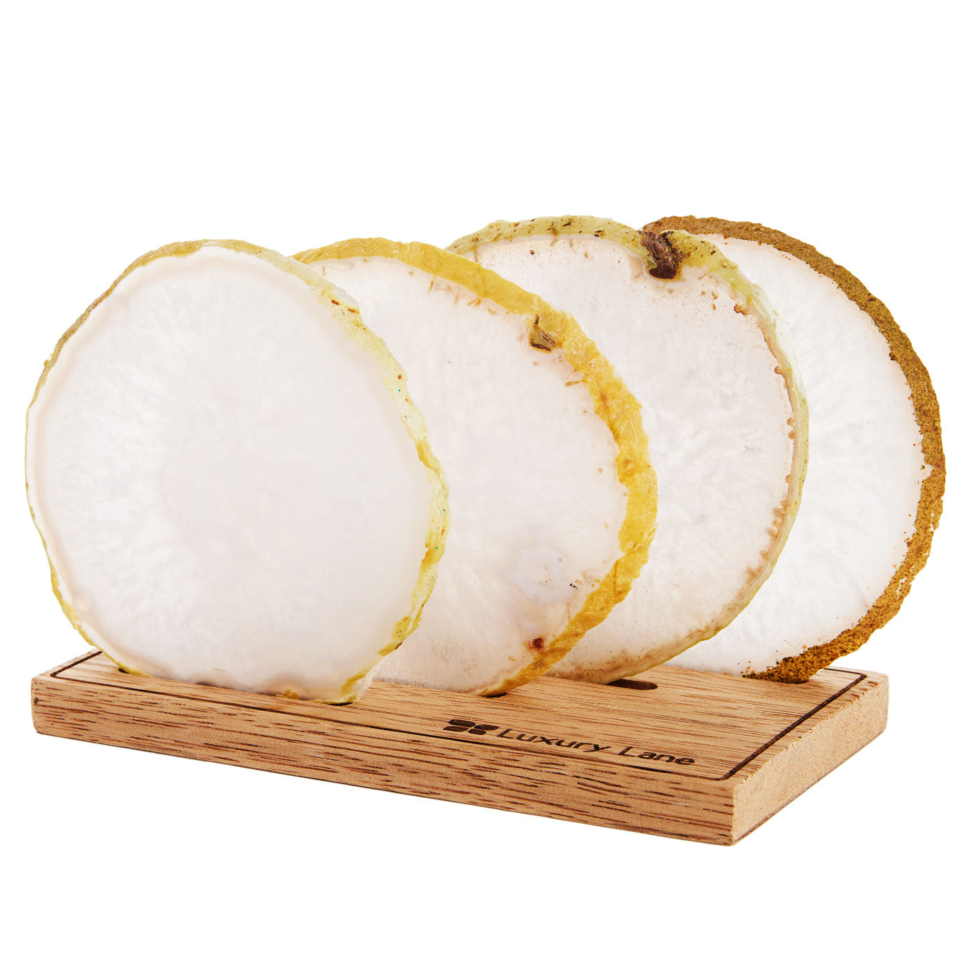 Set of 4 Natural Brazilian Agate Drink Coasters with Wood Holder - White