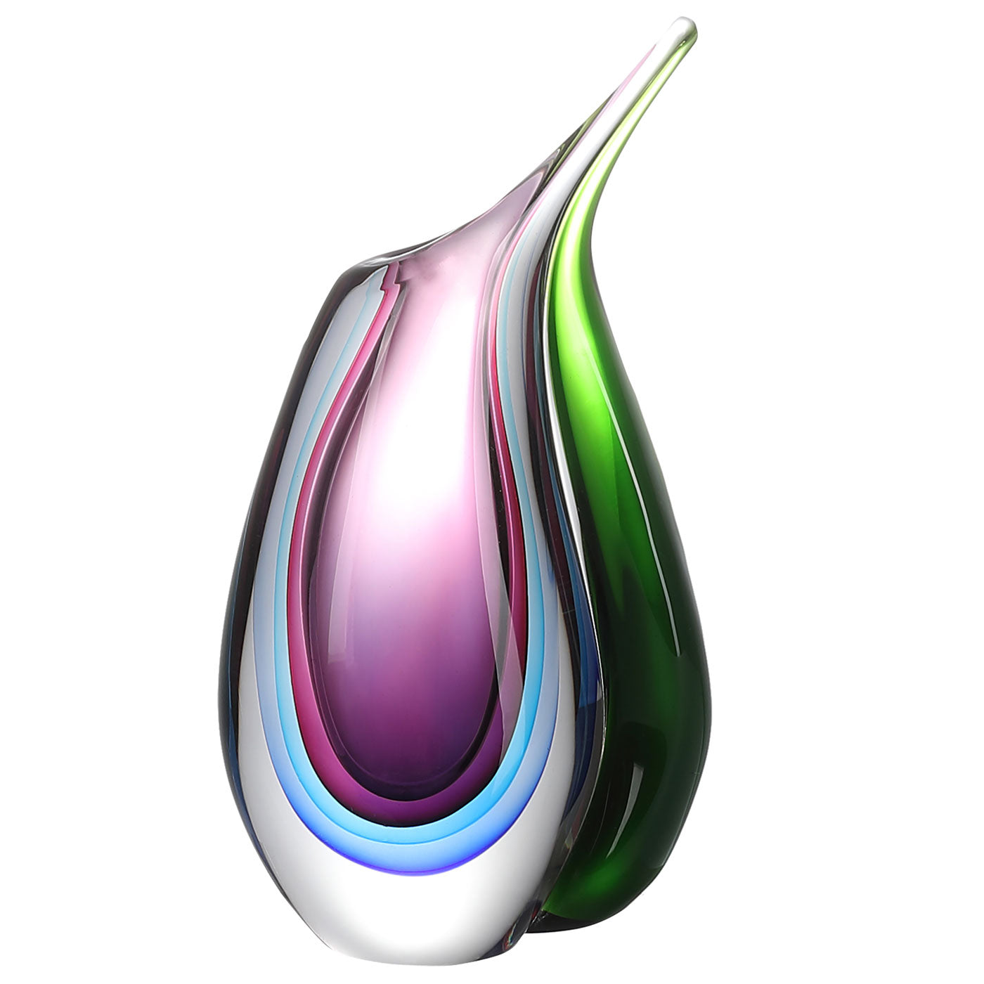 Hand Blown Multicolor Sommerso Teardrop Art Glass Vase with Angled Lip 9.5 inch tall