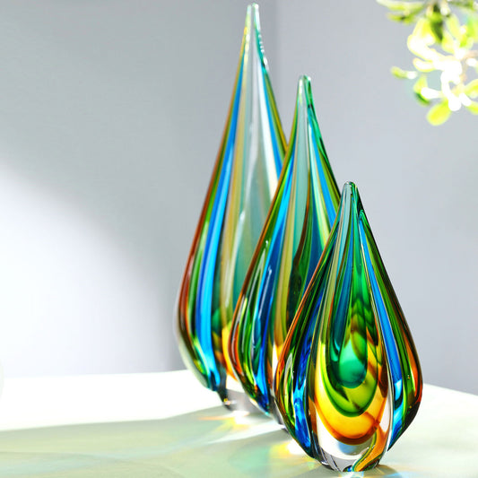Hand Blown Green Flame Teardrop Sommerso Art Glass Sculpture 10-18 inch tall