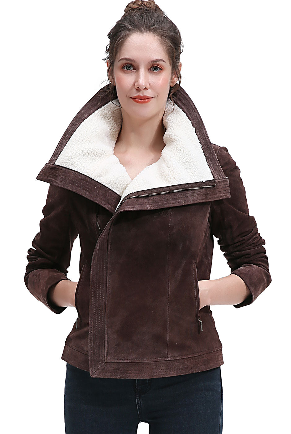 BGSD Women Callie Sherpa Trim Suede Leather Jacket