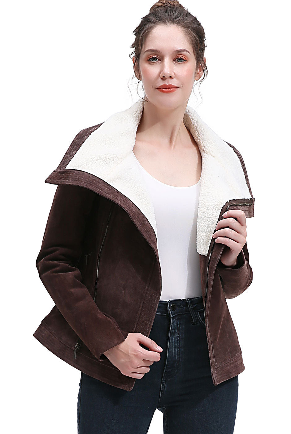 BGSD Women Callie Sherpa Trim Suede Leather Jacket