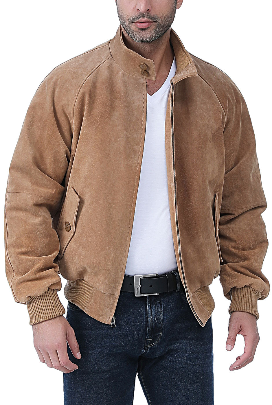 Men's Tan Leather Suede Bomber Jacket - Brown Bomber Jacket