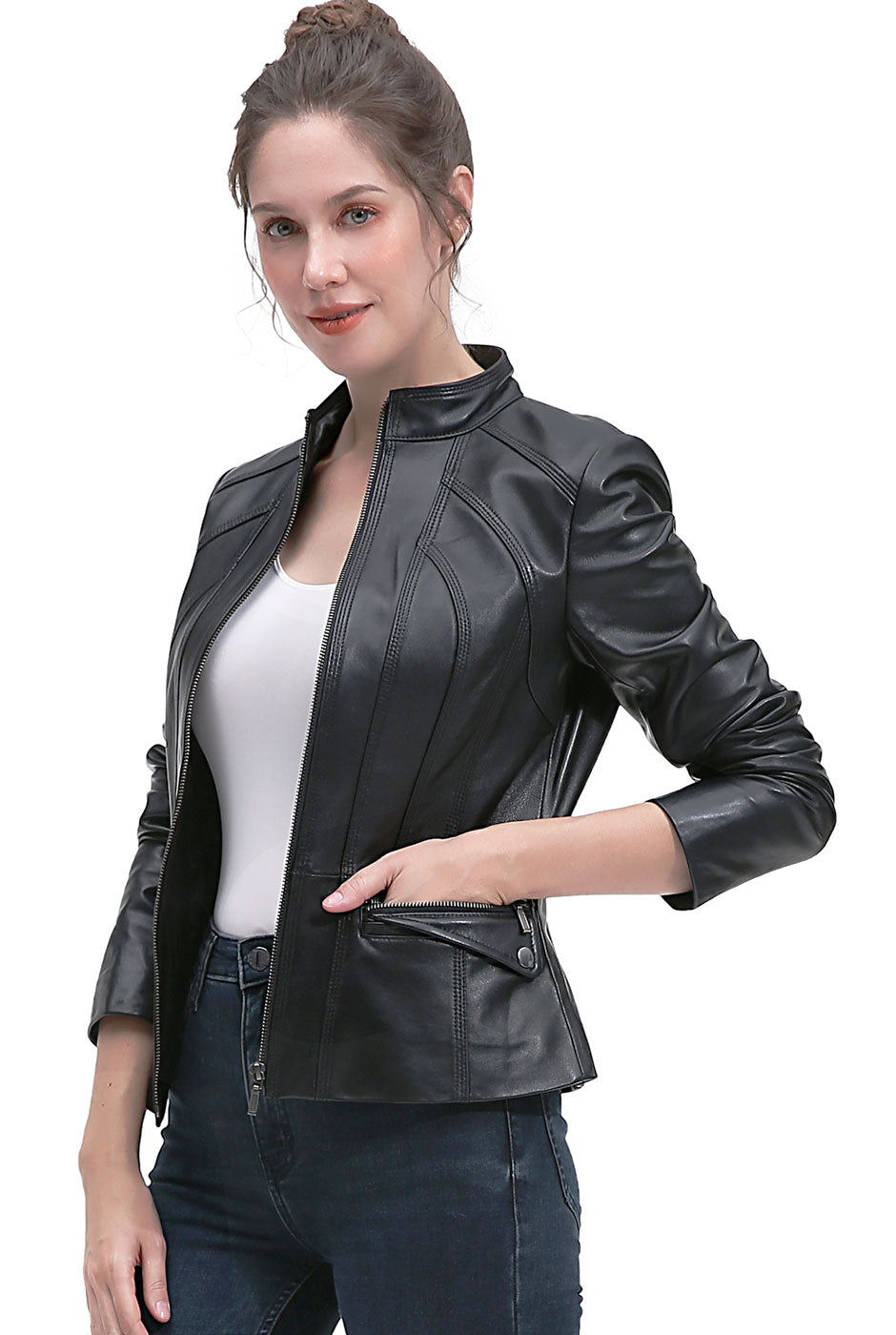 BGSD Women Seamed Lambskin Leather Scuba Jacket