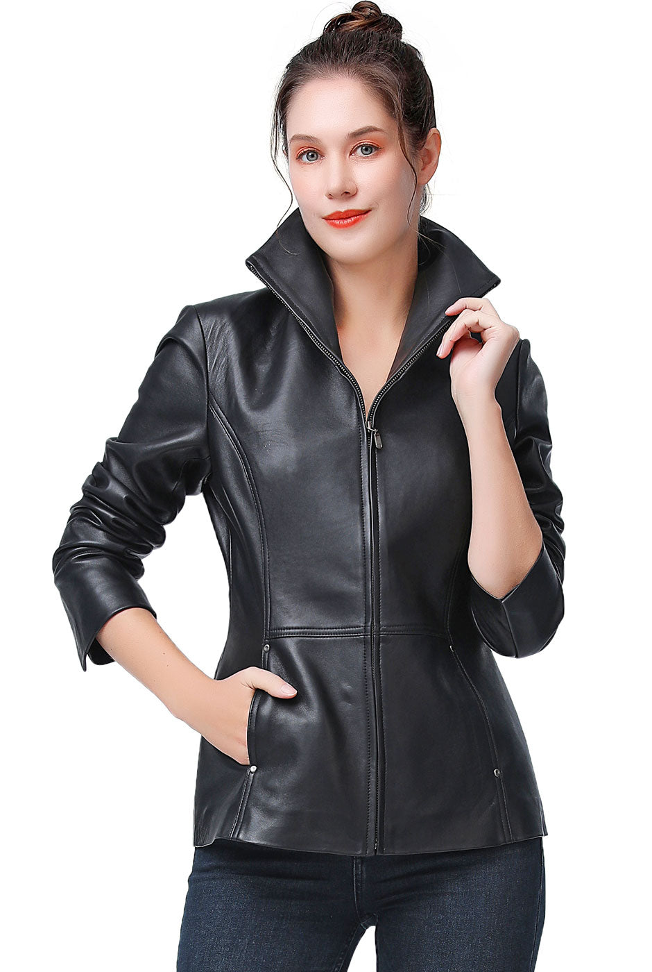 BGSD Women Lyla Zip Front New Zealand Lambskin Leather Jacket