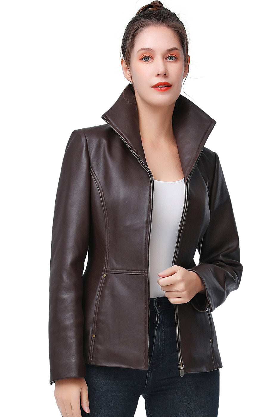 BGSD Women Lyla Zip Front New Zealand Lambskin Leather Jacket