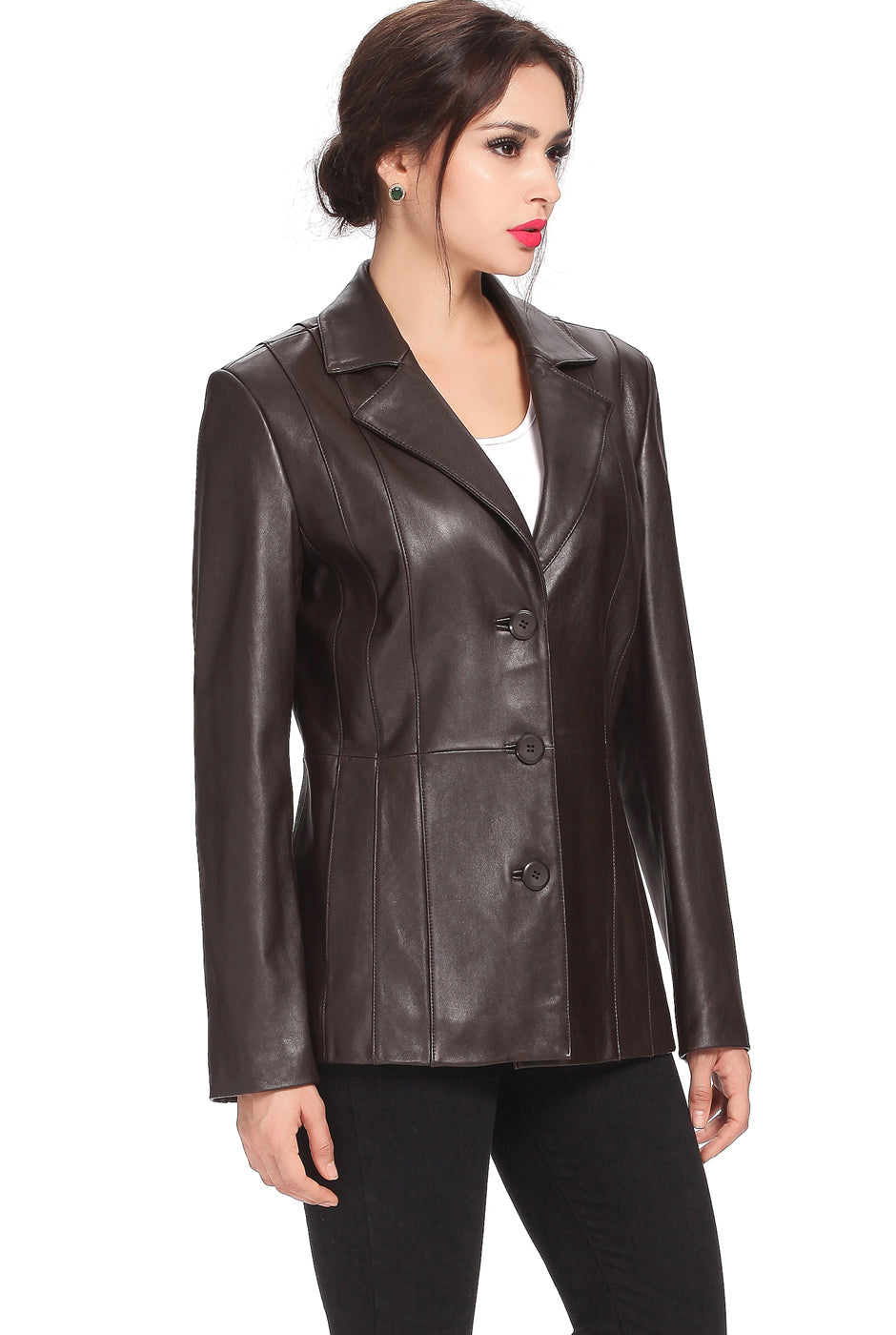 BGSD Women Crystal Three-Button Lambskin Leather Blazer
