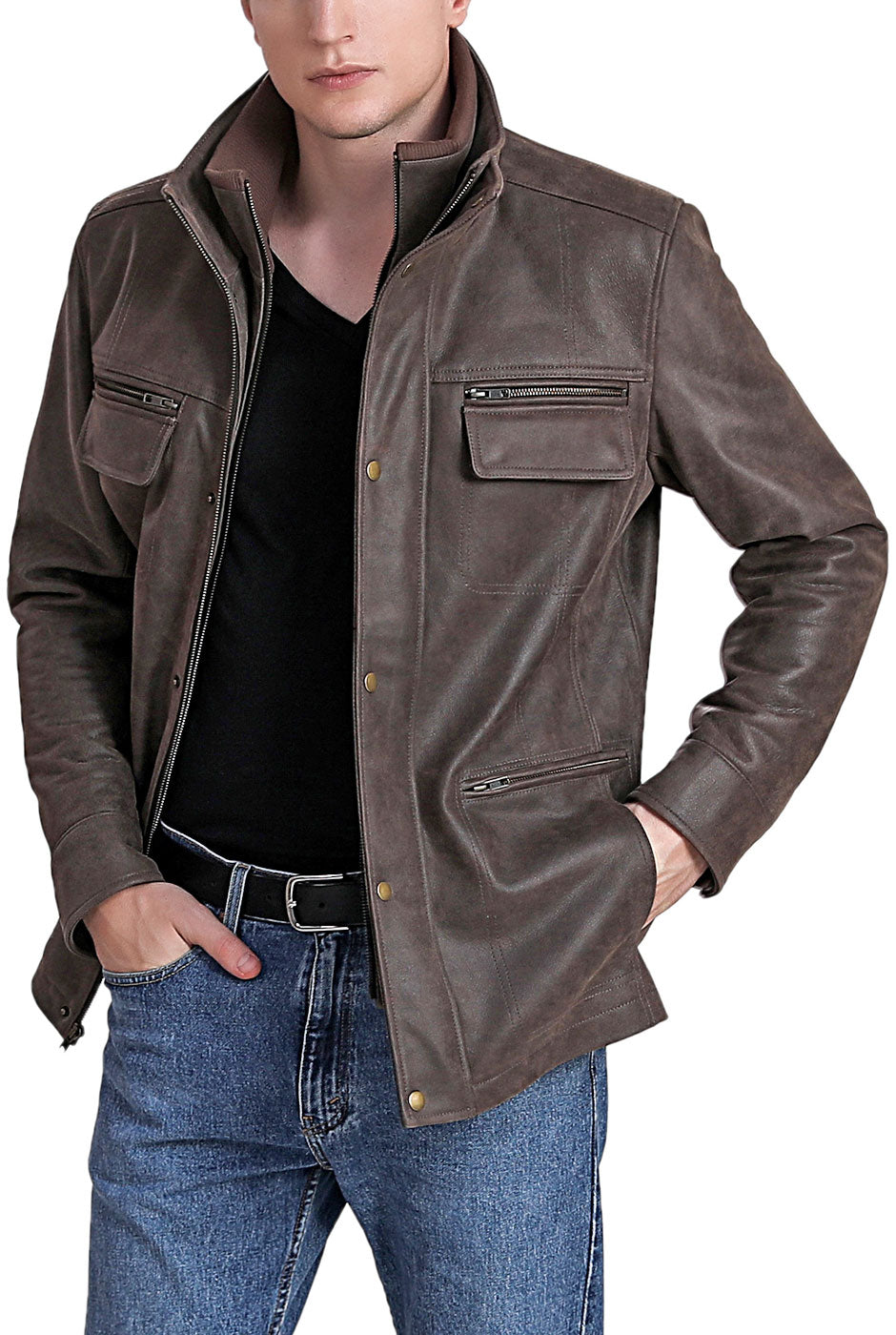 BGSD Men Austin Distressed Cowhide Leather Hipster Jacket