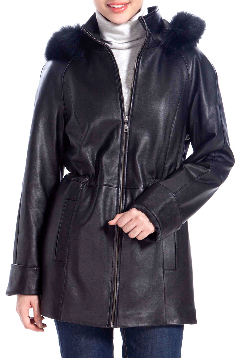 BGSD Women Lambskin Leather Hooded Parka Coat
