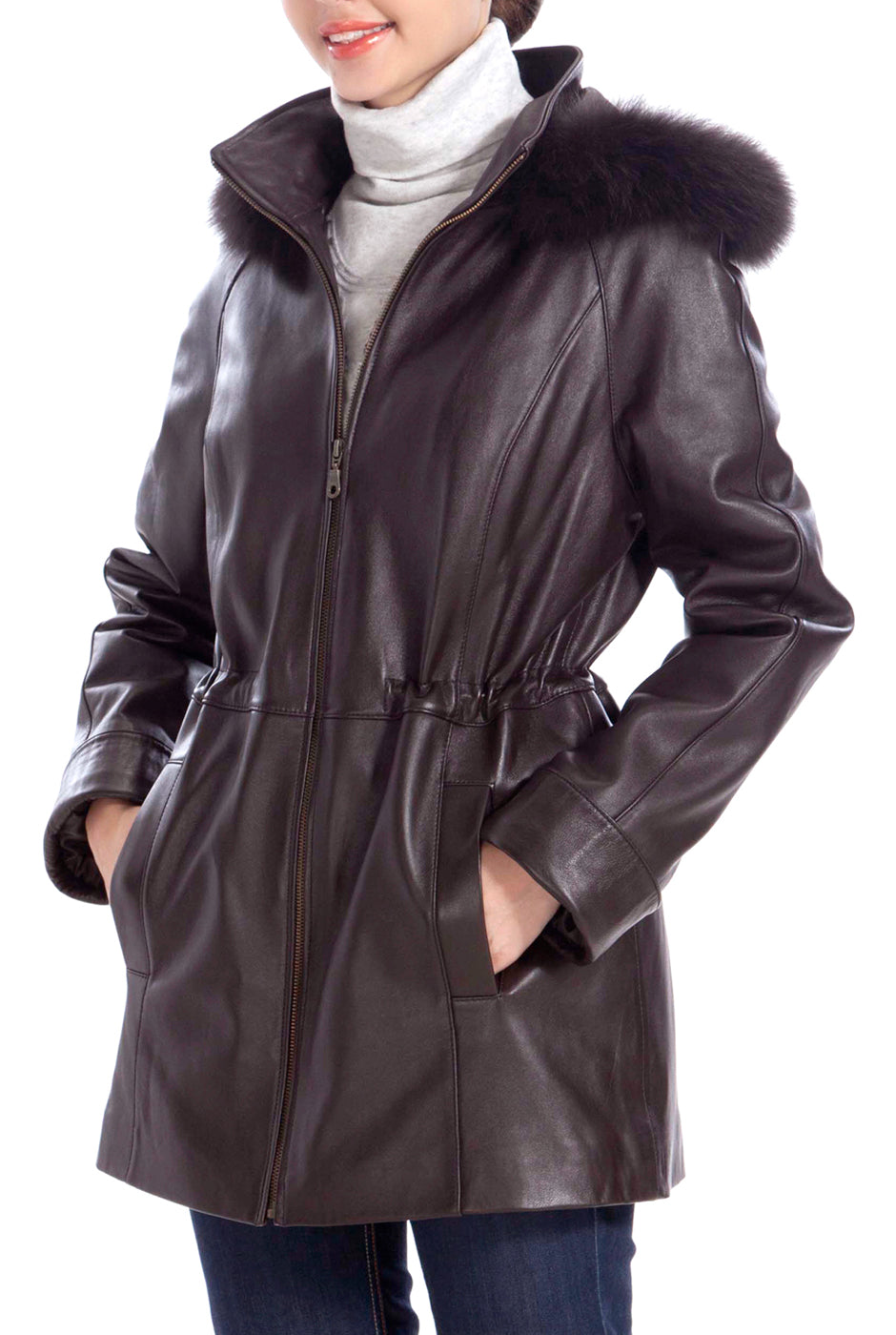 BGSD Women Lambskin Leather Hooded Parka Coat