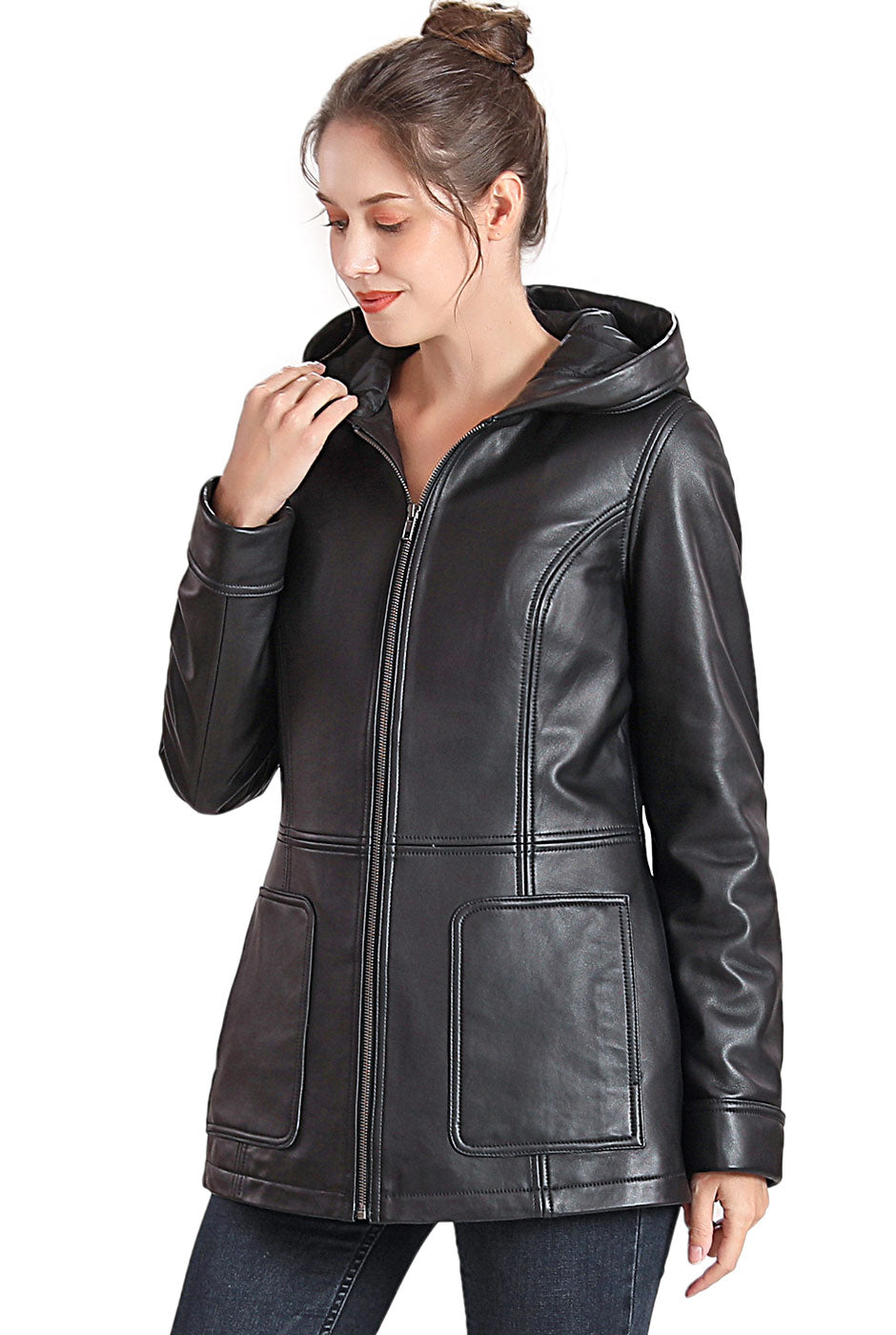 BGSD Women Cara Hooded Lambskin Leather Coat
