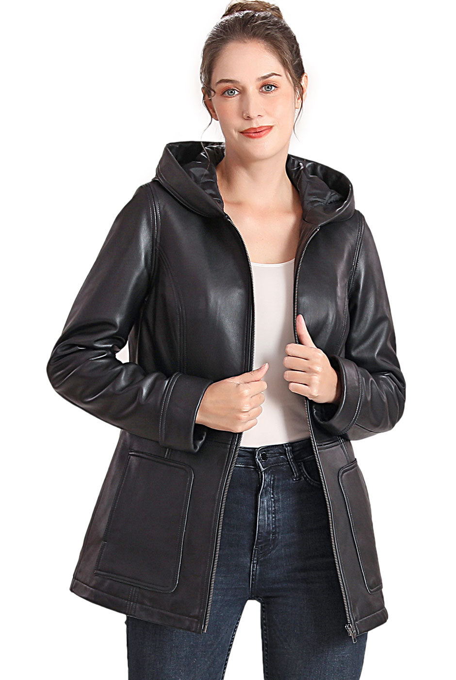 BGSD Women Cara Hooded Lambskin Leather Parka Coat